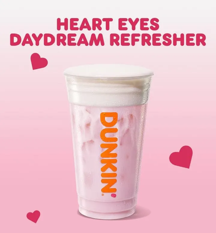Dunkin’ Valentine’s Menu 2026: All 7 Drinks & Donuts Available Today 3 Heart Eyes Daydream Refresher