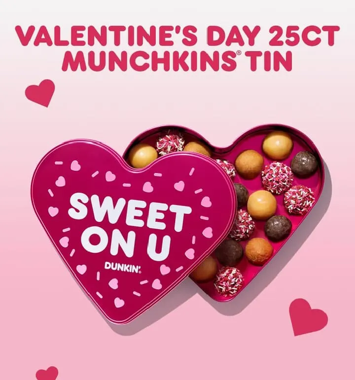 Dunkin’ Valentine’s Menu 2026: All 7 Drinks & Donuts Available Today 13 NEW: Valentine's Day Munchkins Tins